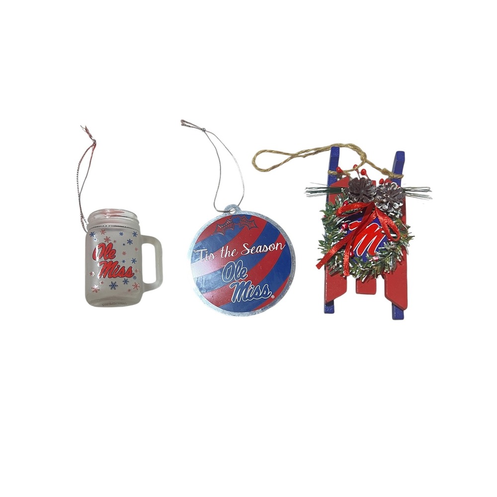 Ole Miss Rebels Fan Christmas Ornaments Set Mason Jar Snowflakes Sleigh Wreath